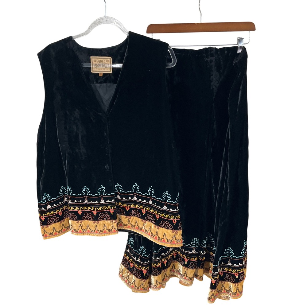 Double D Ranchwear Skirt Set Womens L Black Velvet Embroidered Western Boho Y2K